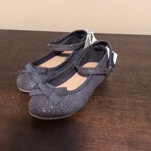 NWT grey sparkle ballet flats w bow & ankle strap